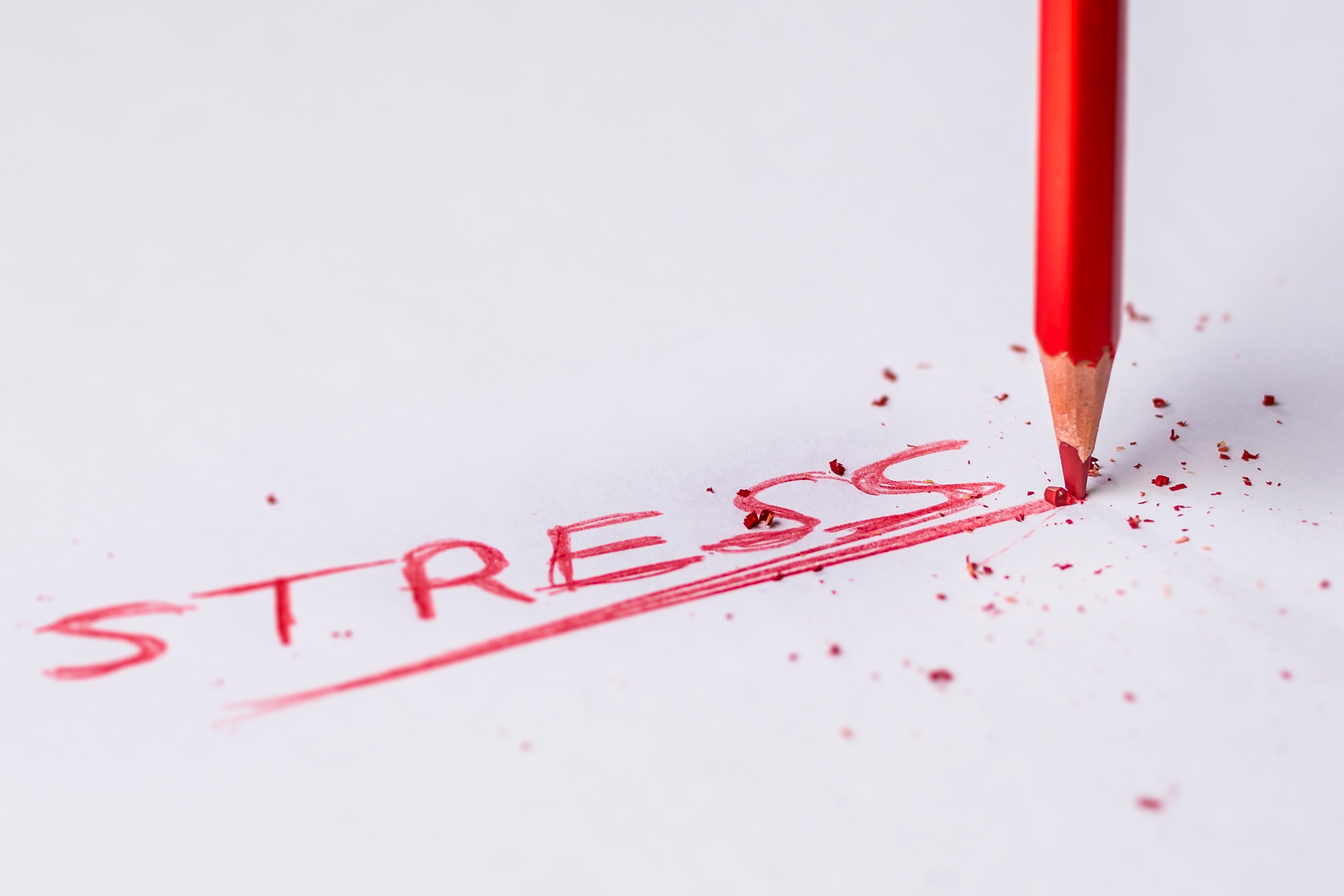 Image of a red pencil writing on a white sheet the word STRESS